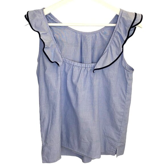 J.Crew Blue Ruffle Top in Cotton Light Blue Elastic Back Coastal Beachy Size 2 - Picture 2 of 7
